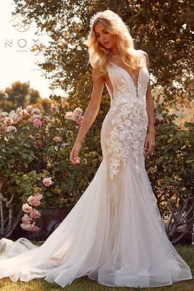 Style: JE917 Anabel Bridal Mermaid with Deep V Neckline and train Sizes 4-16 Nude with White Flowers
