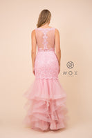 Style: A059 Nox Anabel Mermaid Tieried Skirt Fully Embroidered V Neck L:in Prom or Evening Gown Dress